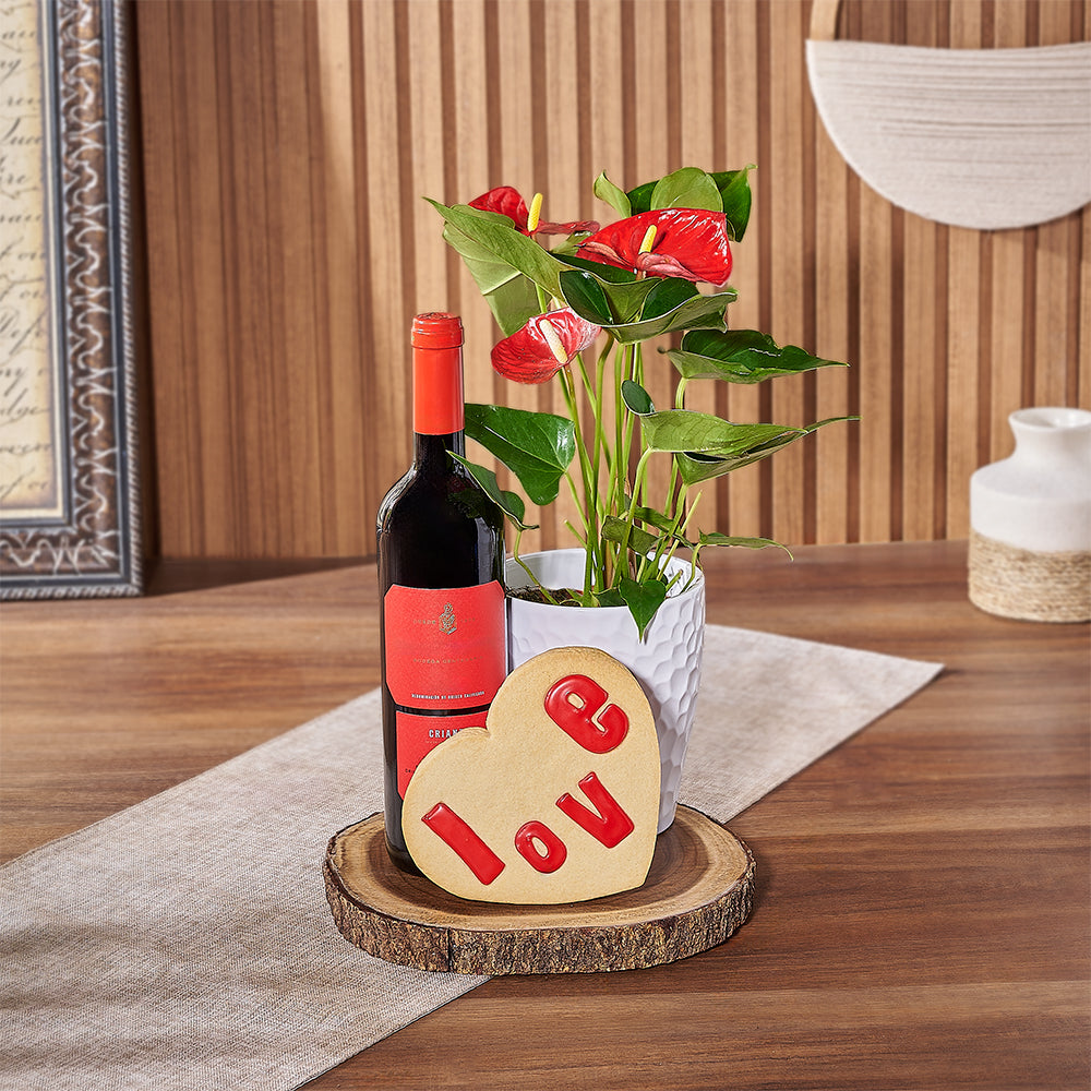 Red Wine Basket with Potted Anthurium – how the gift is presented