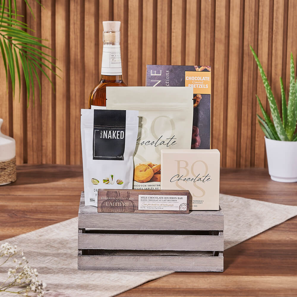 Whiskey and Chocolate Wooden Crate Gift – how the gift is presented