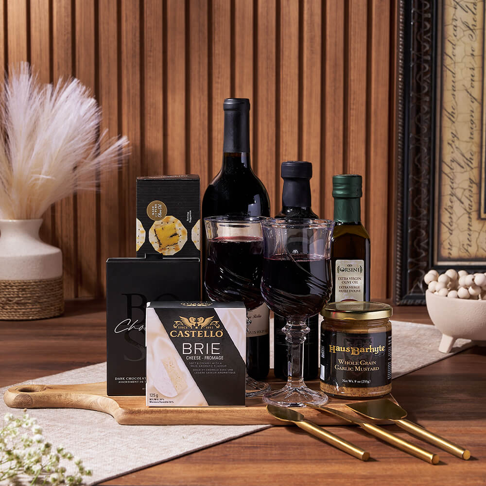 Special Occasion Wine Gift Basket with Gourmet Brie and Chocolates – how the gift is presented