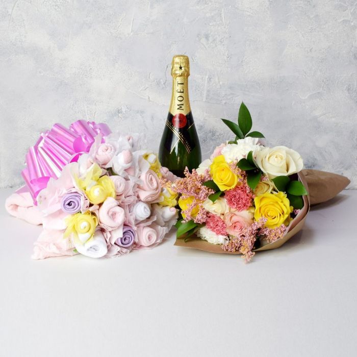 Champagne and Baby Girl Bouquet – how the gift is presented
