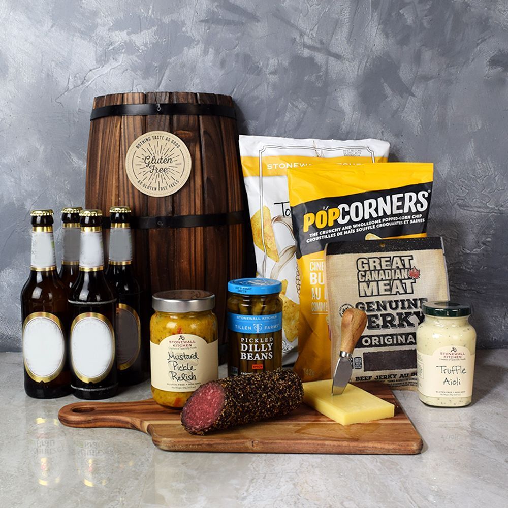 Four-Bottle Beer and Snack Basket – how the gift is presented