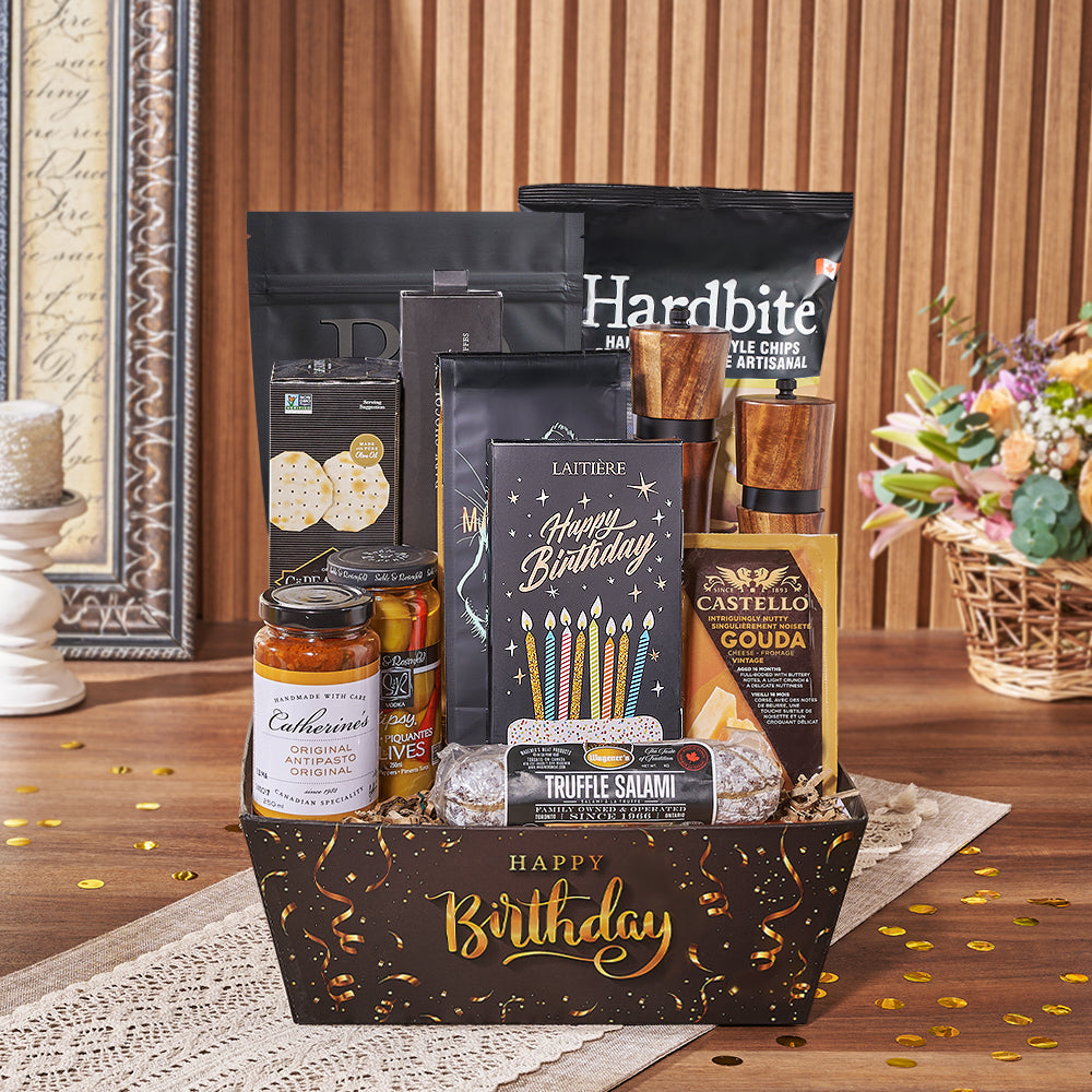 Birthday Truffle and Cheese Basket – how the gift is presented
