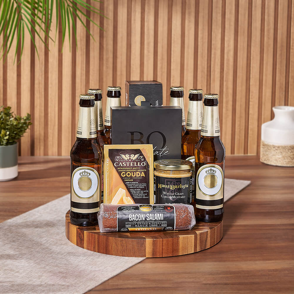 Premium Beer Gift Basket with Cheese – how the gift is presented