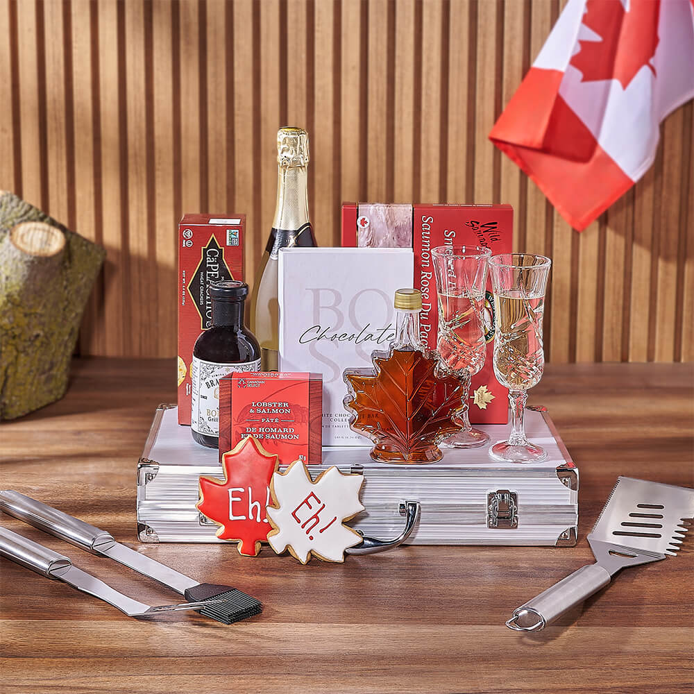 Canada Day Sparkling Wine Gift Basket with Grilling Utensils and Gourmet Treats – how the gift is presented
