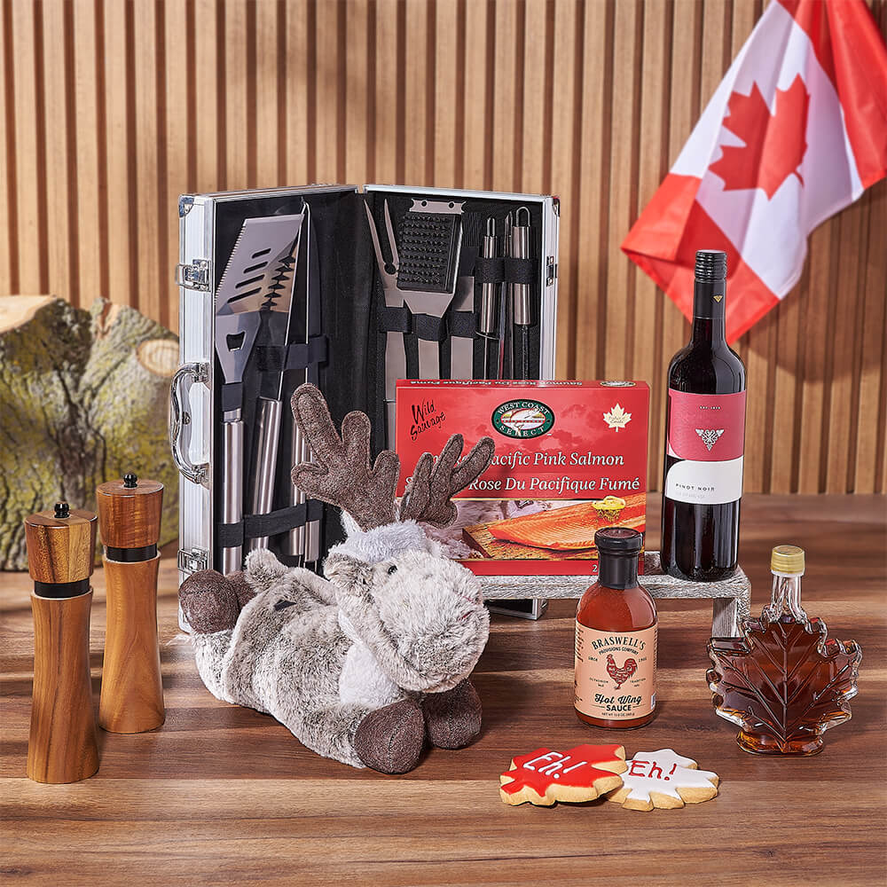 Gourmet Canada Day Wine Gift Box Featuring Maple Syrup and Grilling Tools – how the gift is presented