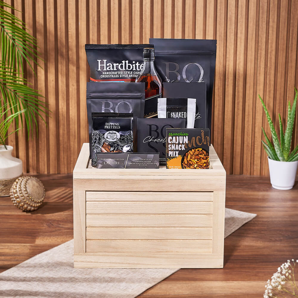 Whiskey Caramel Popcorn Basket – how the gift is presented