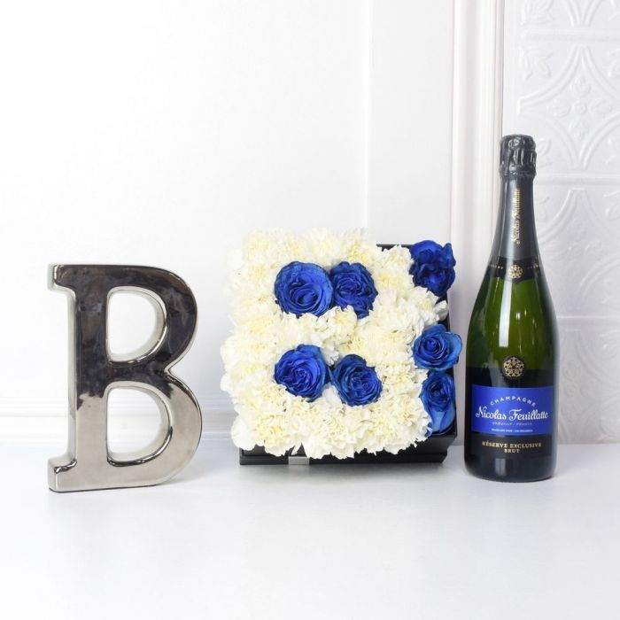 Champagne Gift with Baby Boy Flowers – how the gift is presented