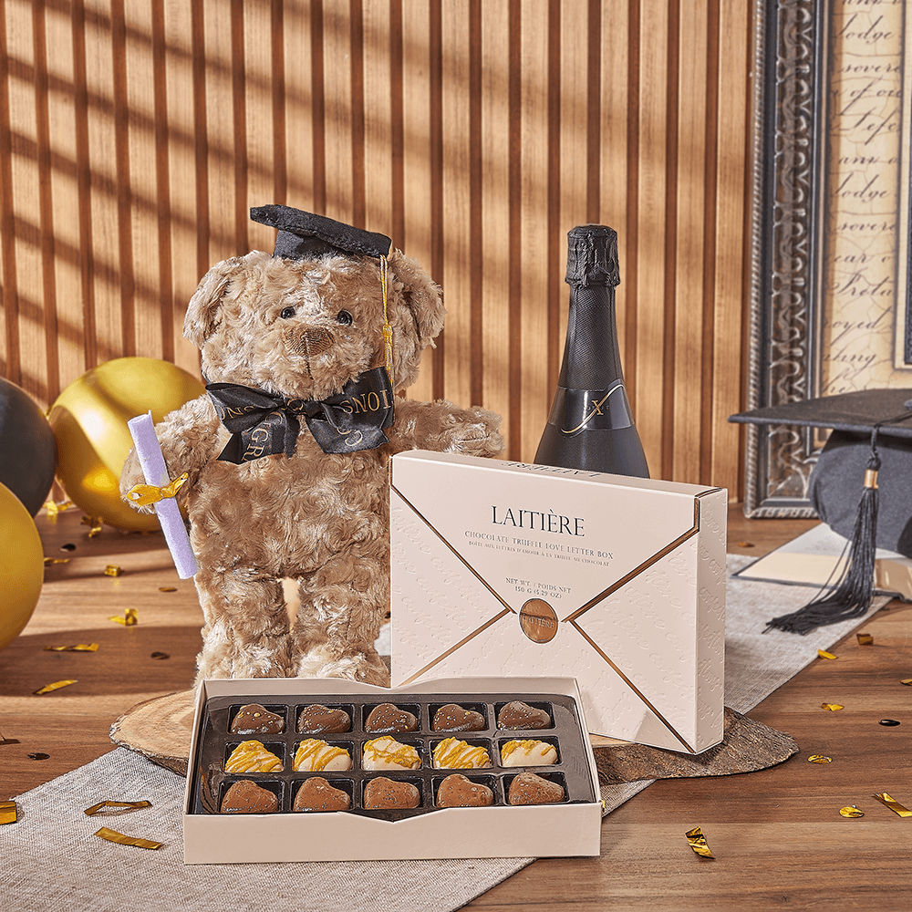 Graduation Basket with Sparkling Wine, Teddy Bear, and Laitière Truffles – how the gift is presented
