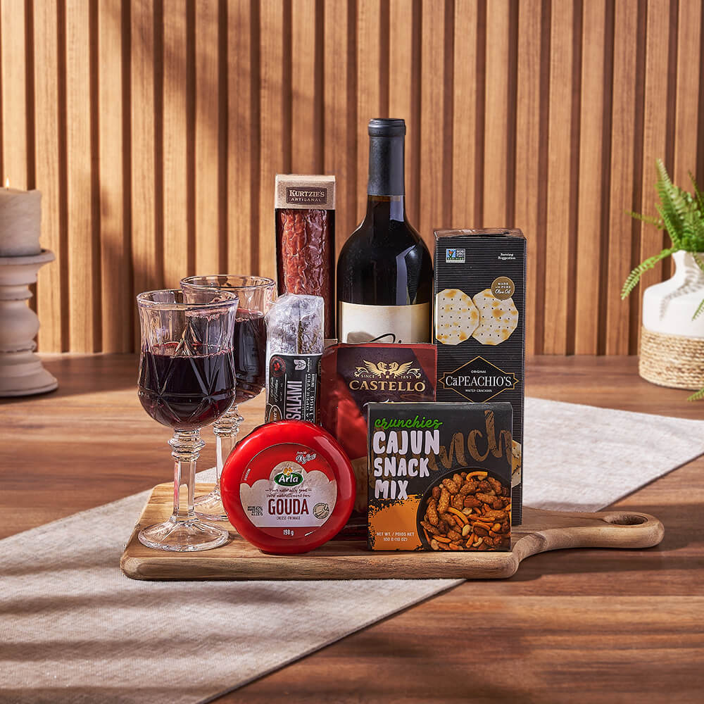 Wine Gift Basket Featuring Gouda, Cheddar, Salami & Snacks – how the gift is presented