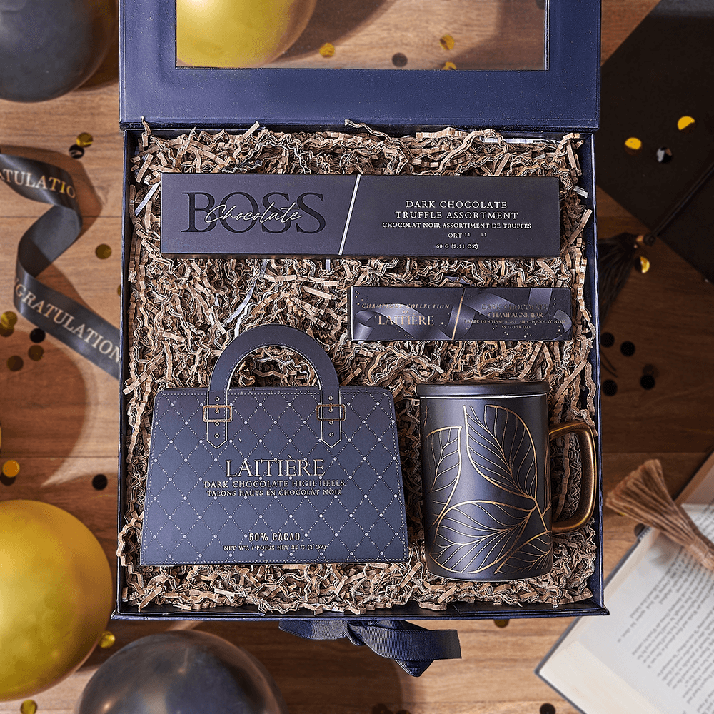 Black and Gold Folding Gift Box Featuring Dark Chocolate for Graduation – how the gift is presented