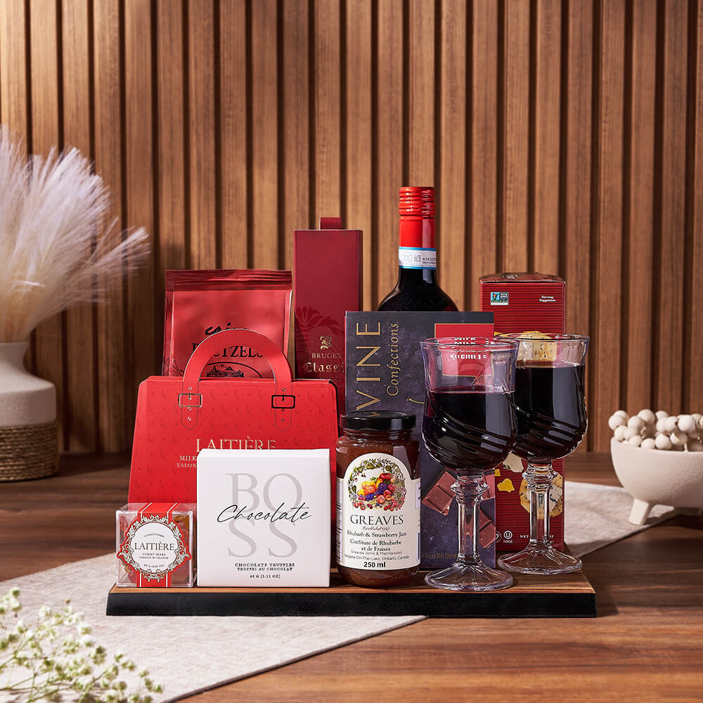Chocolate and Wine Treat Basket – how the gift is presented