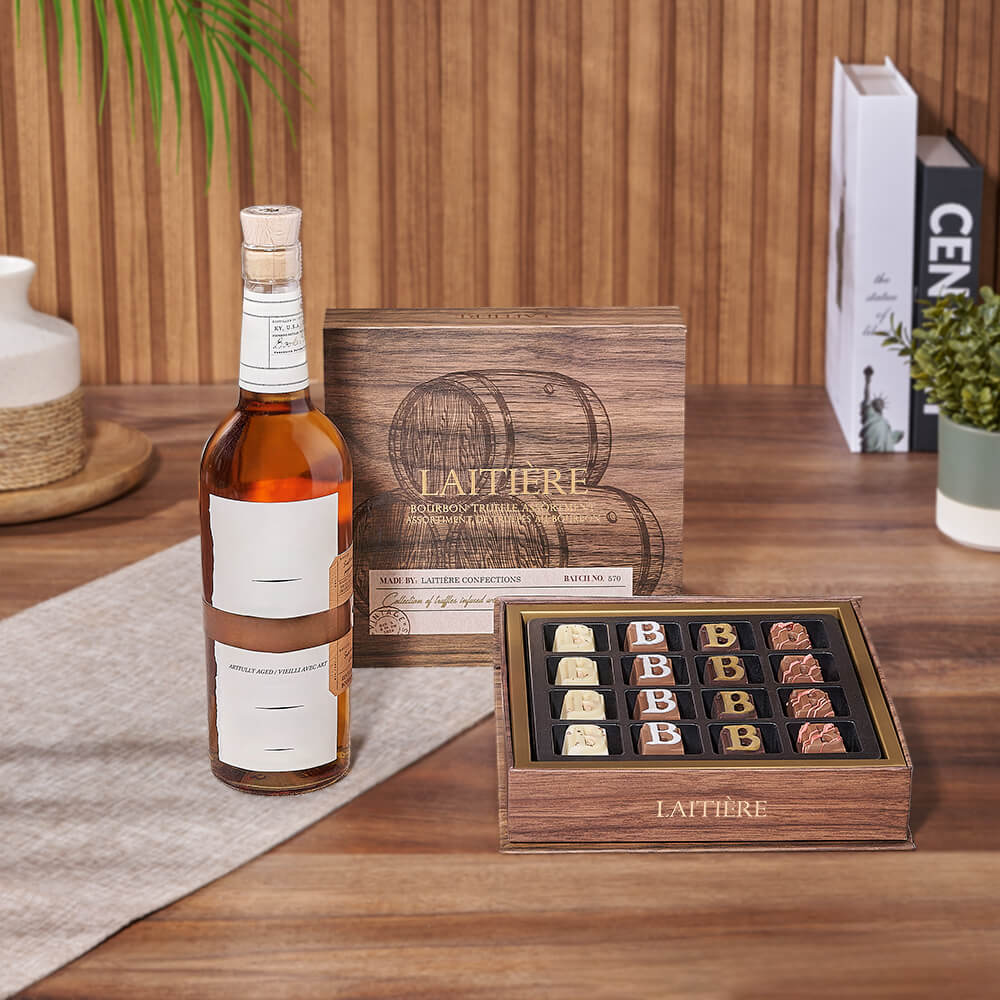 Whiskey and Gourmet Bourbon Chocolate Truffles Basket – how the gift is presented