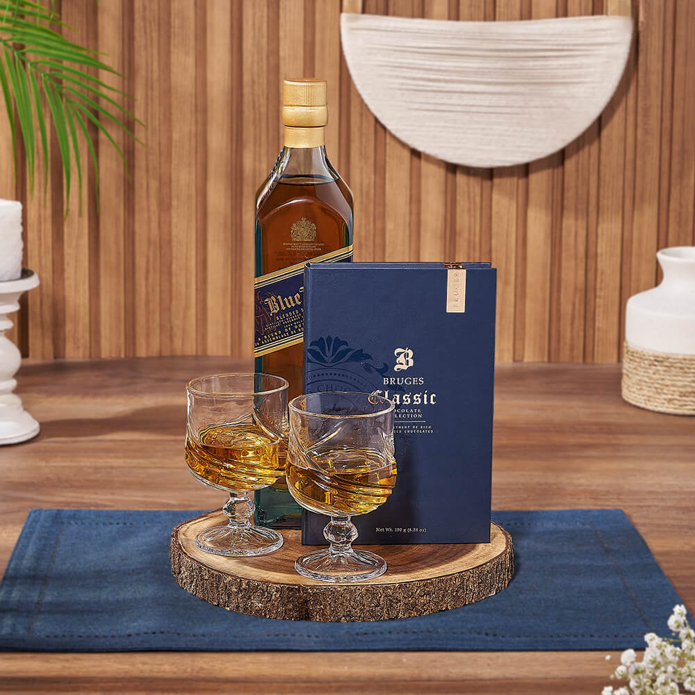 Liquor Basket with Handcrafted Chocolates – how the gift is presented