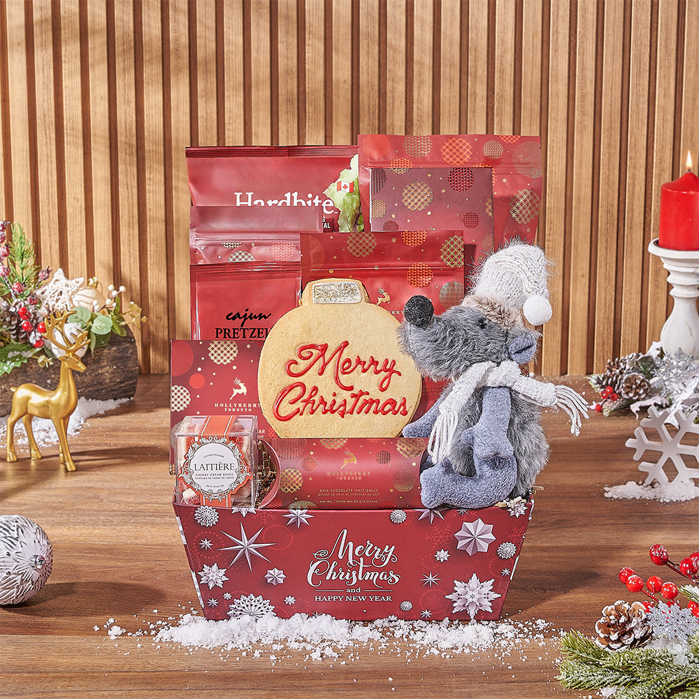 Christmas Snowflake Gourmet Gift Basket with Holiday Snacks – how the gift is presented
