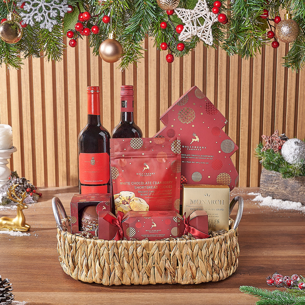 Holiday Season Two-Bottle Wine Gift Basket with Gourmet Chocolates – how the gift is presented