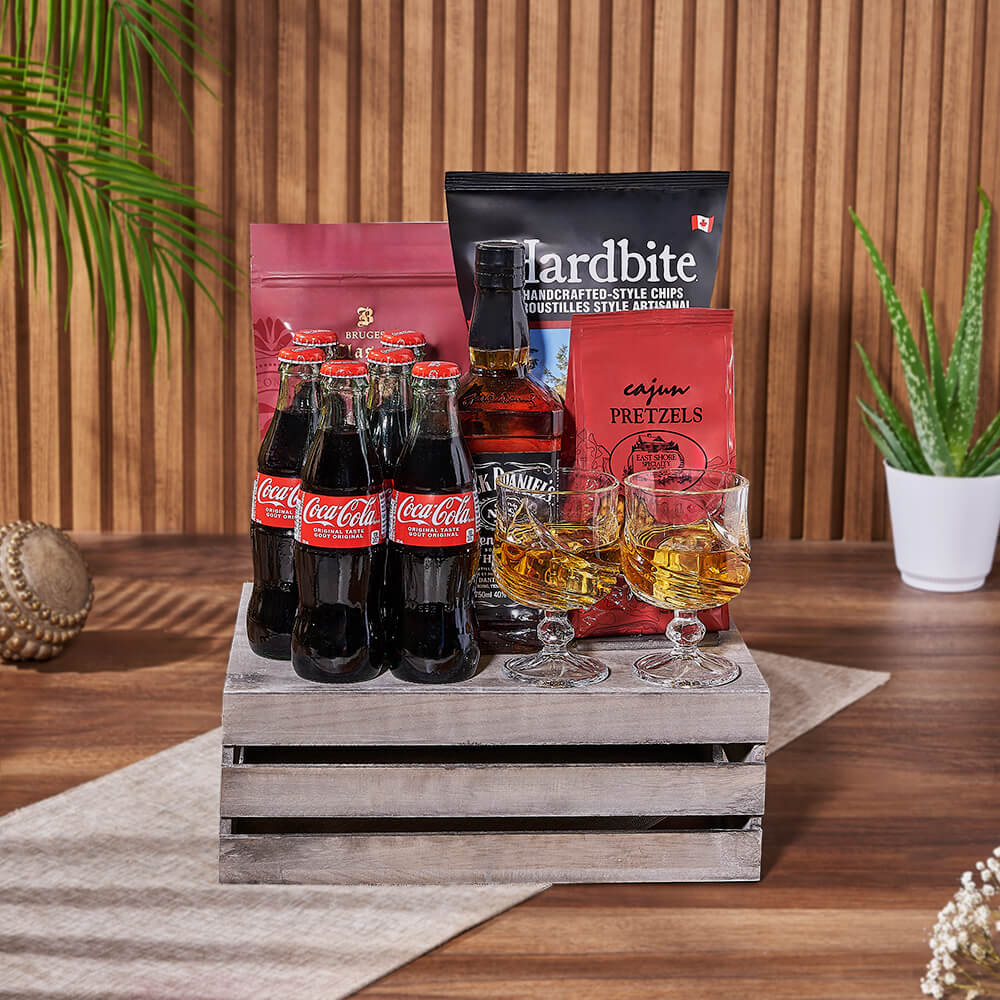 Whiskey Gift Basket with Cajun Pretzels and Chocolate Peanut Bark – how the gift is presented