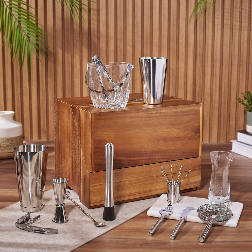 Whiskey Barrel Bar Set with Gourmet Snacks in Acacia Box – how the gift is presented