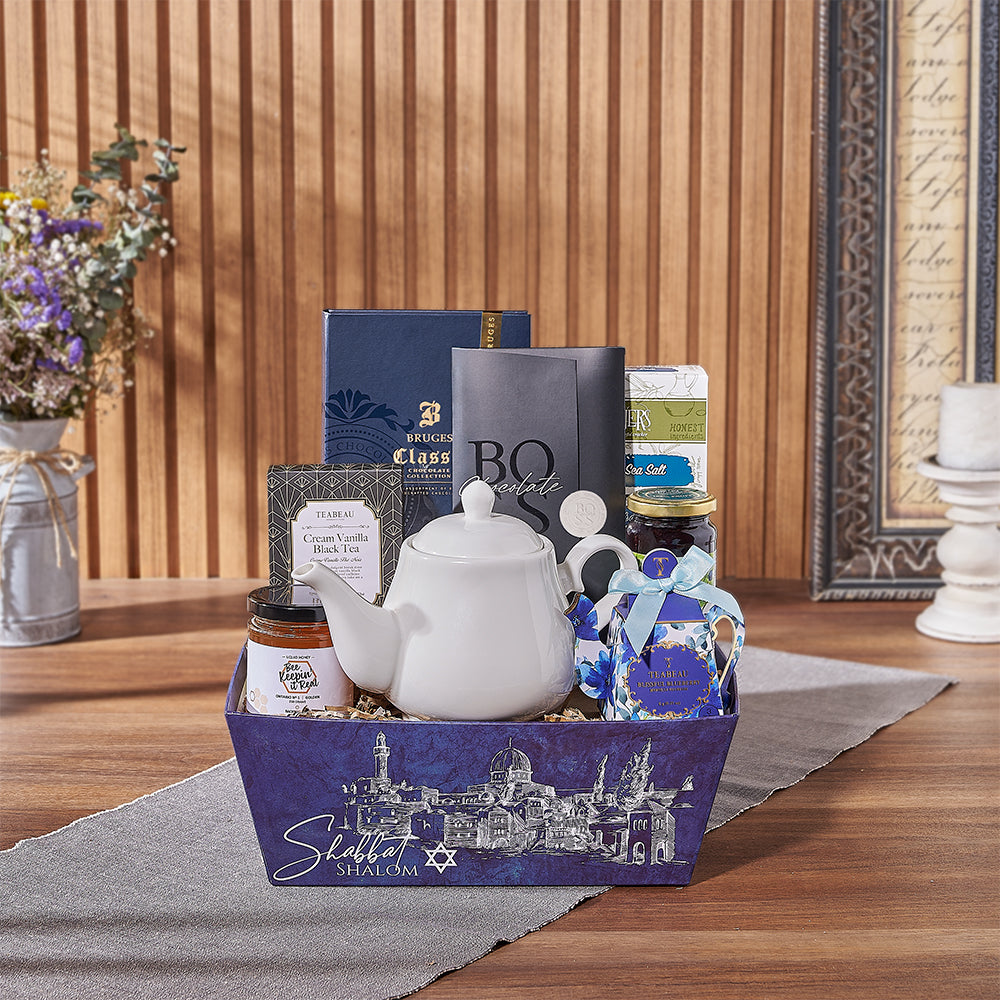 Hanukkah Celebration Gift Basket with Kosher Chocolates and Tea – how the gift is presented