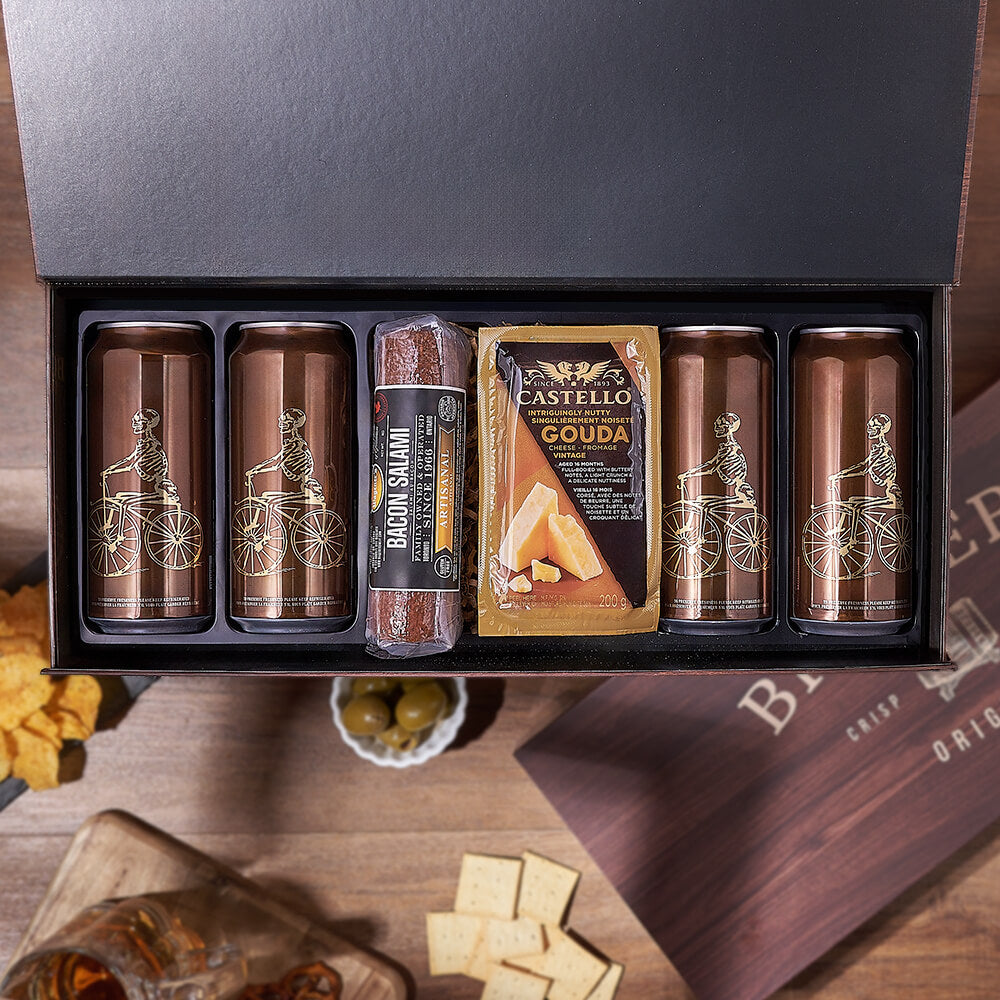 Wooden Beer Can Box with Meats – how the gift is presented