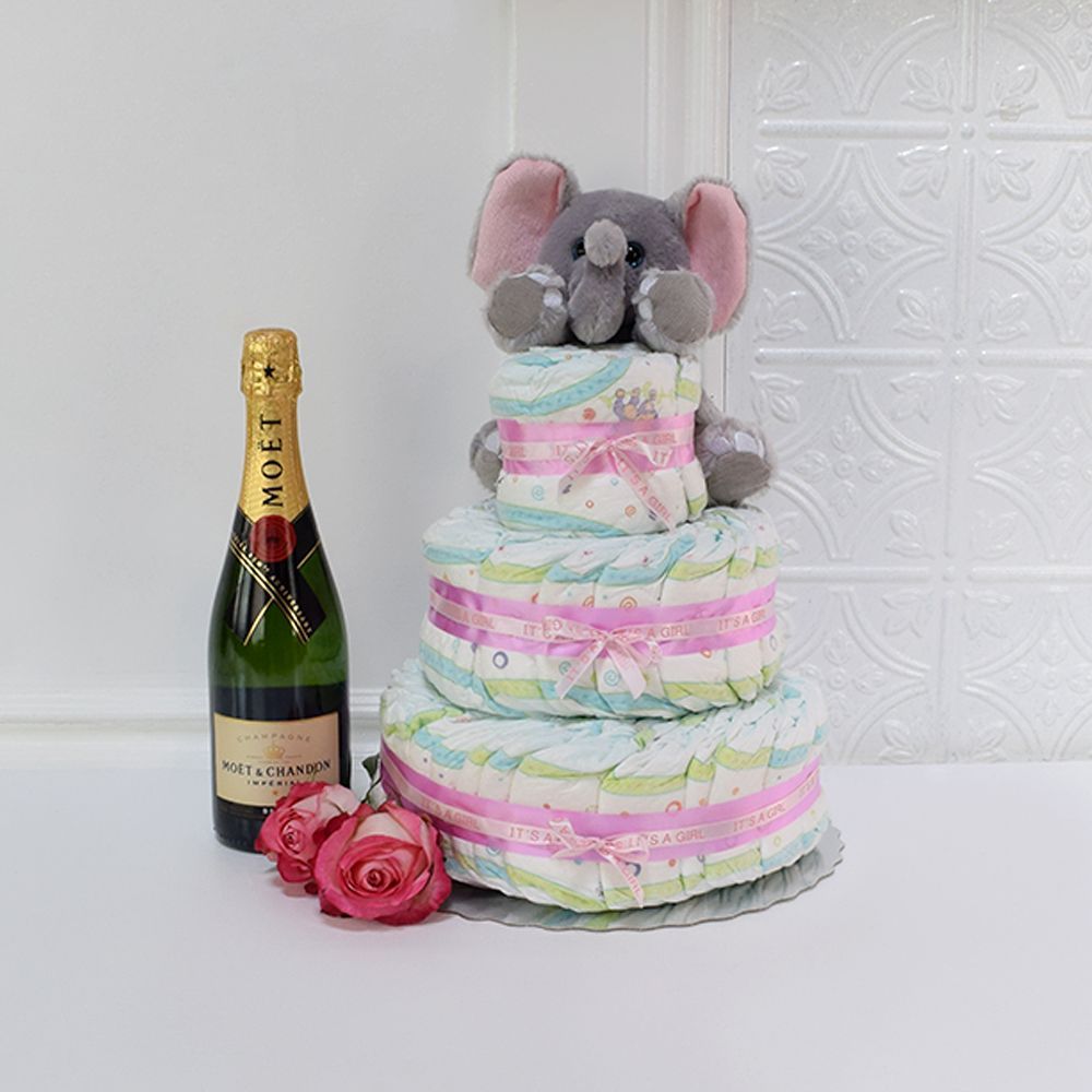 Deluxe Champagne and Three-Tiered Diaper Cake Gift Basket – how the gift is presented
