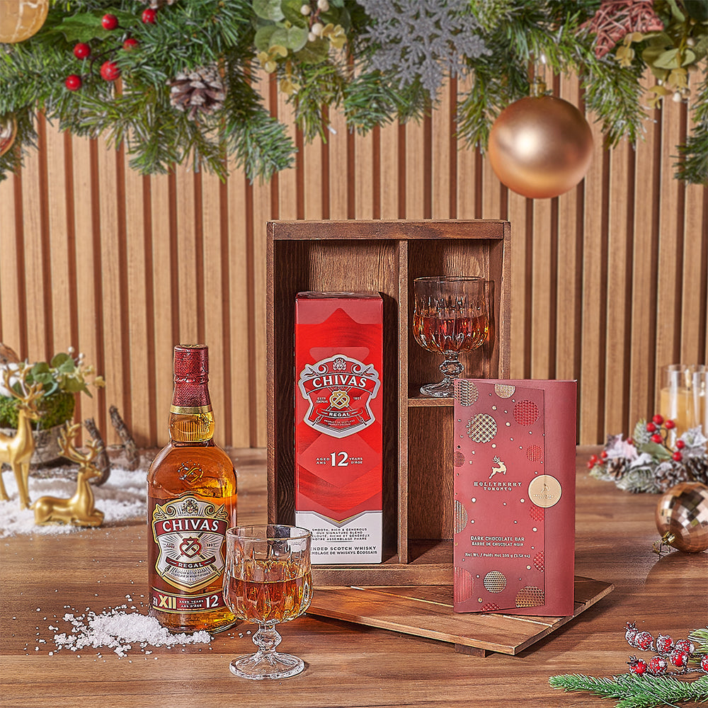 Holiday Whiskey and Dark Chocolate Gift Basket in Wooden Decanter Box – how the gift is presented