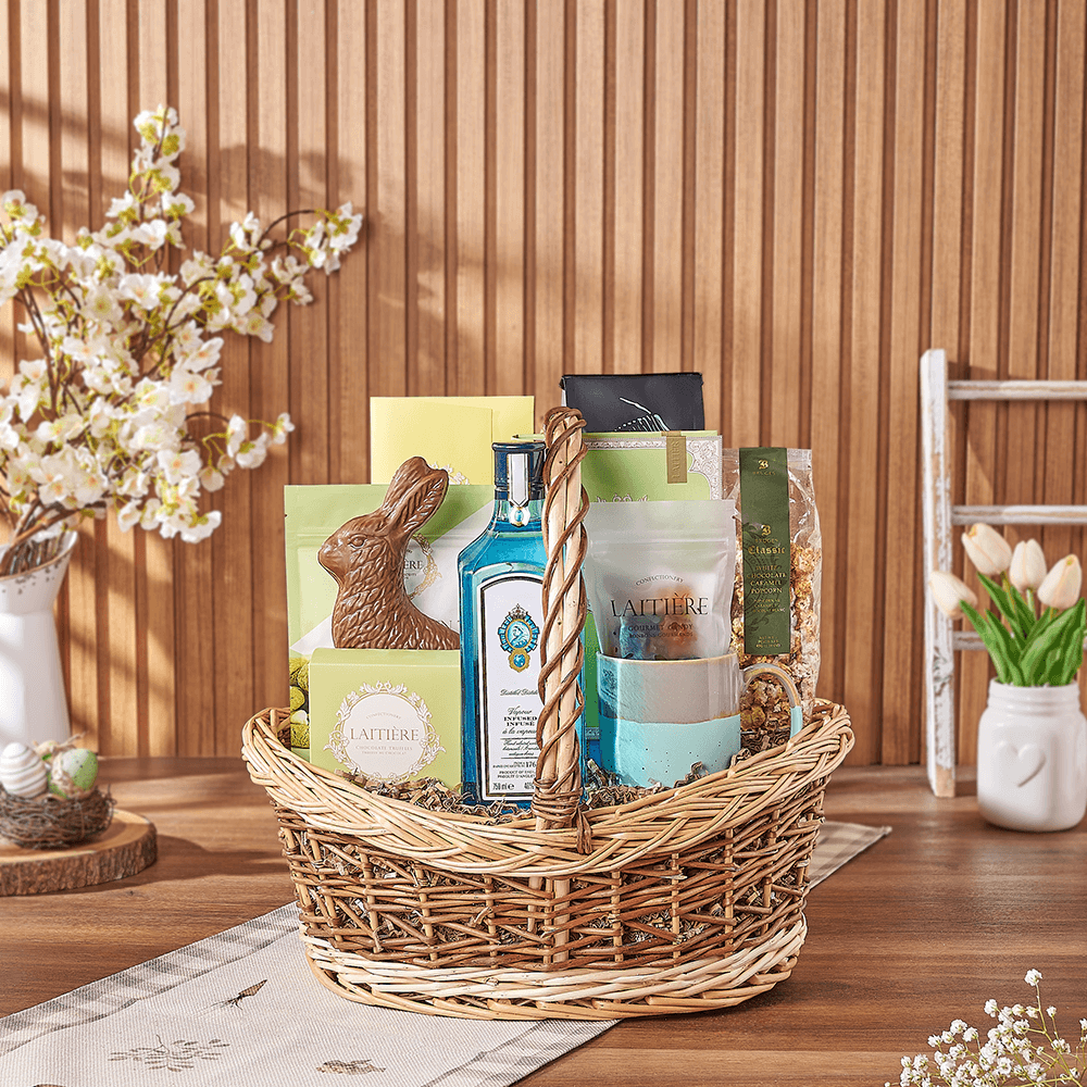 Medium Two-Tone Basket with Liquor, Coffee, and Assorted Chocolates for Easter – how the gift is presented