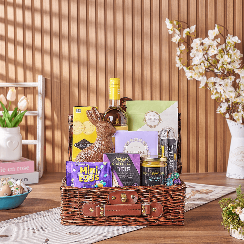 Small Wicker Picnic Basket with Wine and Gourmet Treats for Easter – how the gift is presented