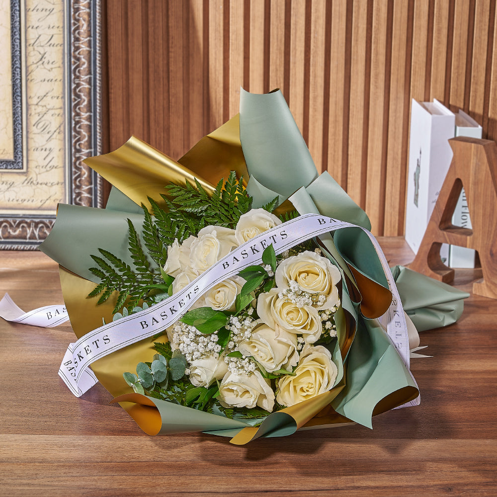 Ribbon-Tied White Rose Bouquet – how the gift is presented
