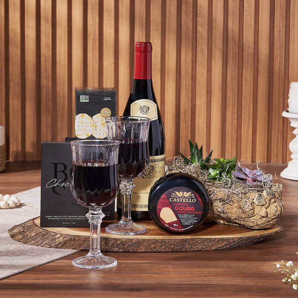 Artisan Wine with Gouda and Dark Chocolate Truffles Gift Basket – how the gift is presented