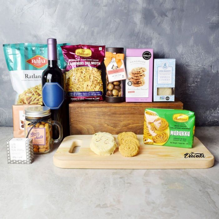 Wine and Diwali Snack Gift Basket – how the gift is presented