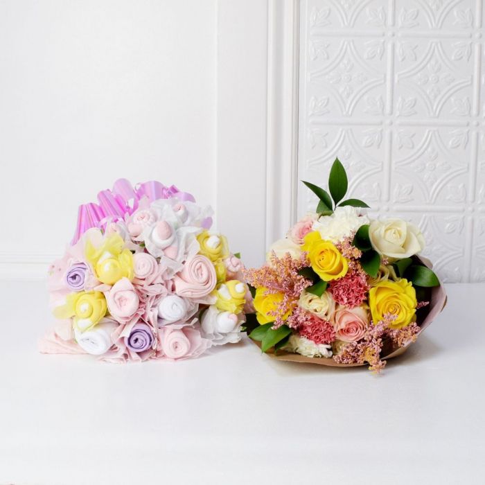 Seasonal Floral Bouquet with Baby Girl Swaddle Blanket Gift Set – how the gift is presented