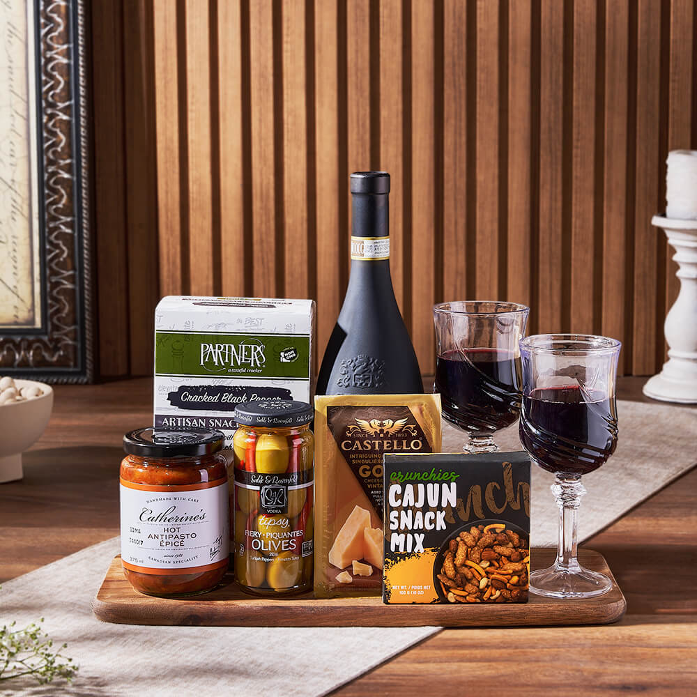 Spicy Olive and Wine Gift Basket – how the gift is presented