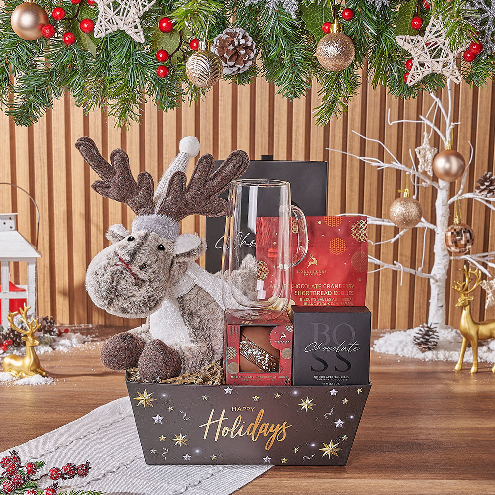 Holiday Chocolate Gift Tray with Plush Reindeer and Mug – how the gift is presented