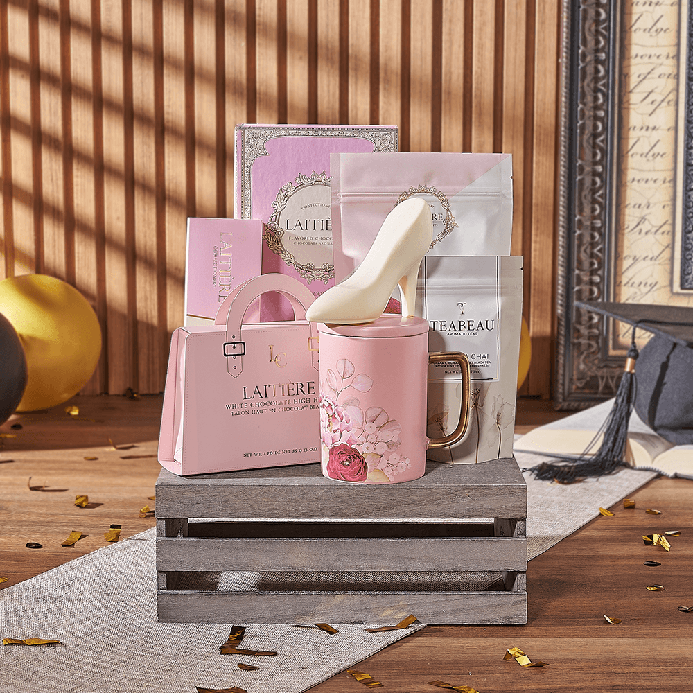 Chocolate and Tea Graduation Crate – how the gift is presented