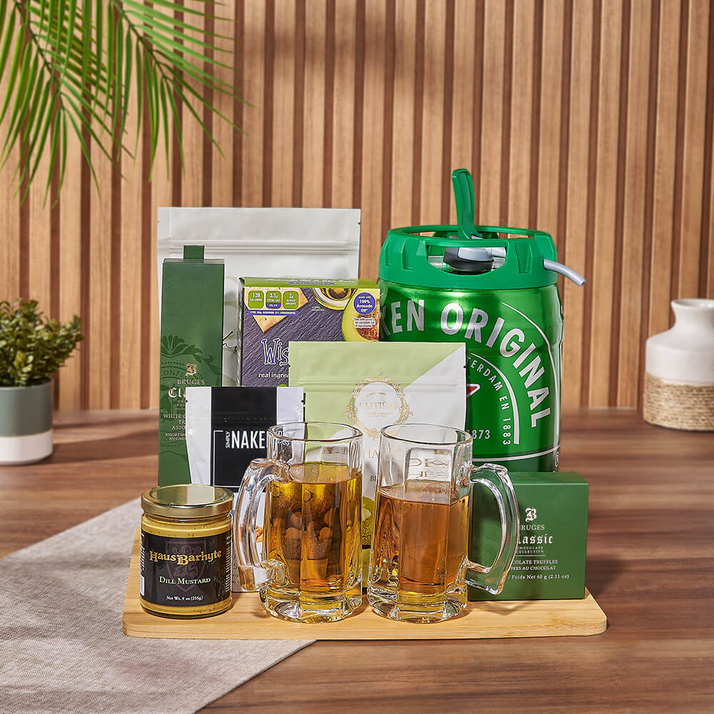 Beer Keg and Gourmet Snacks Basket – how the gift is presented