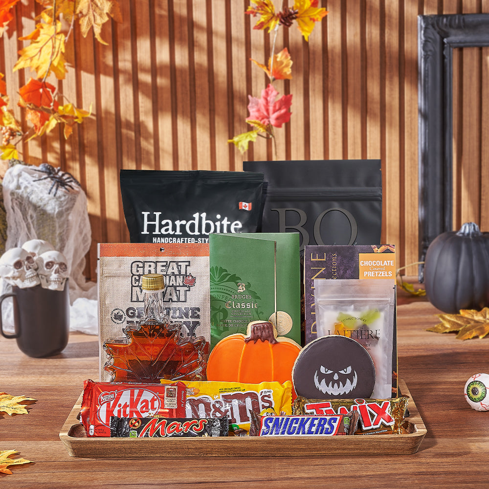 Gourmet Halloween Snack Board Gift Basket – how the gift is presented