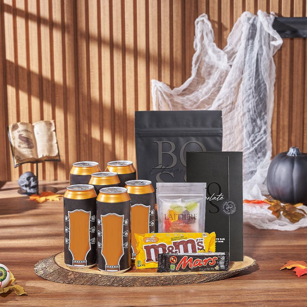 Halloween Themed Craft Beer & Gourmet Snack Basket with Serving Board – how the gift is presented
