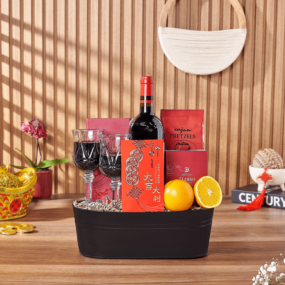Wine Gift Basket Featuring Bruges Chocolates and East Shore Snacks – how the gift is presented