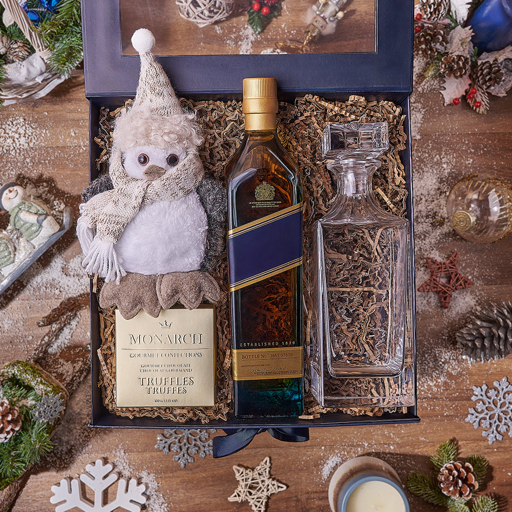 Holiday Whiskey Gift Set with Monarch Chocolate Truffles and Glass Decanter – how the gift is presented