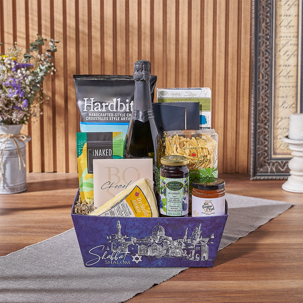 Sparkling Wine Kosher Rosh Hashanah Basket – how the gift is presented