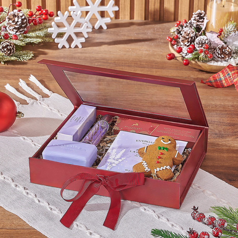Holiday Lavender Spa Gift Box with Chocolates – how the gift is presented
