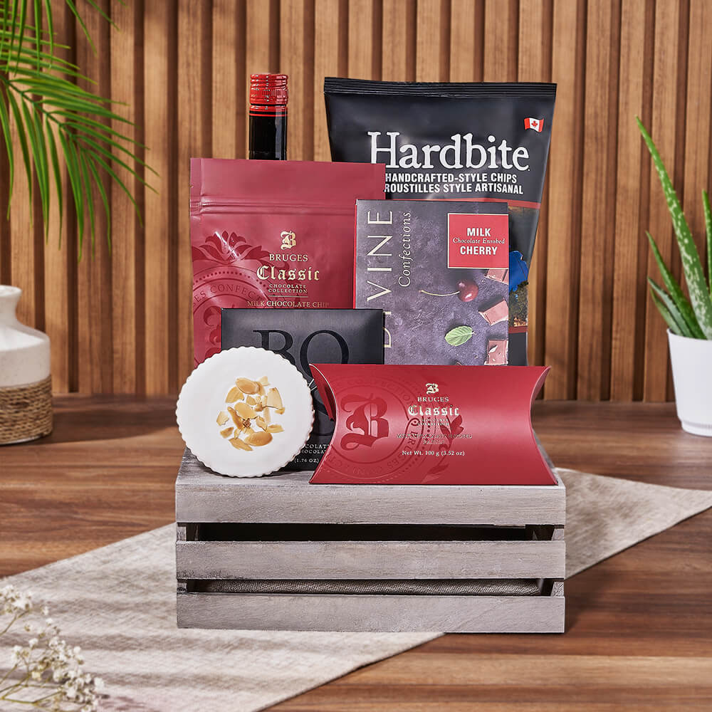 Vodka Gift Basket with Premium Chocolate and Savoury Snacks – how the gift is presented