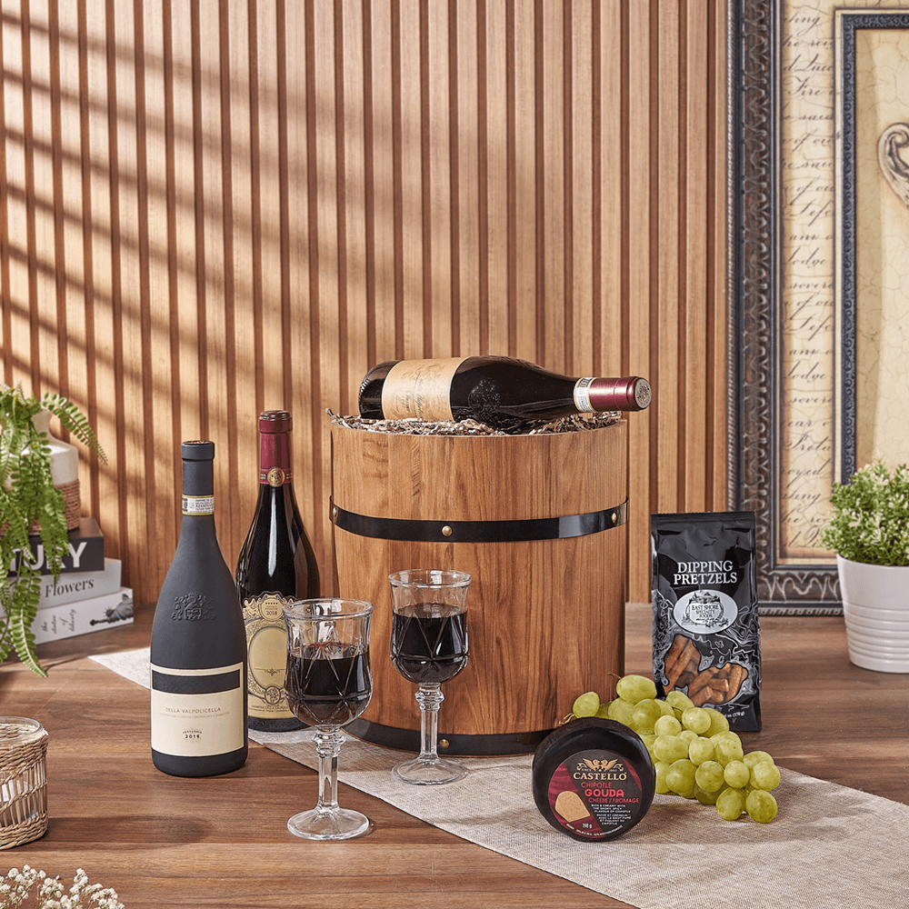 Lovely Wine Cheese Barrel - Vintage Premium Wines, wine gift, wine, fruit gift, fruit, cheese gift, cheese, Washington delivery