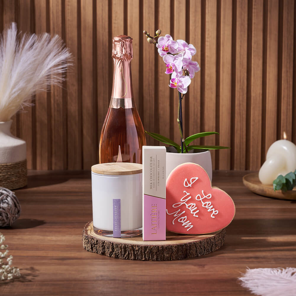 Phalaenopsis Orchid and Sparkling Wine Gift Basket for Mother's Day – how the gift is presented