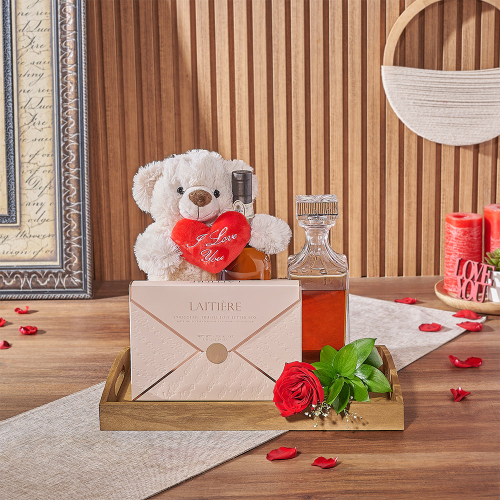 Whiskey and Chocolate Valentine's Basket – how the gift is presented