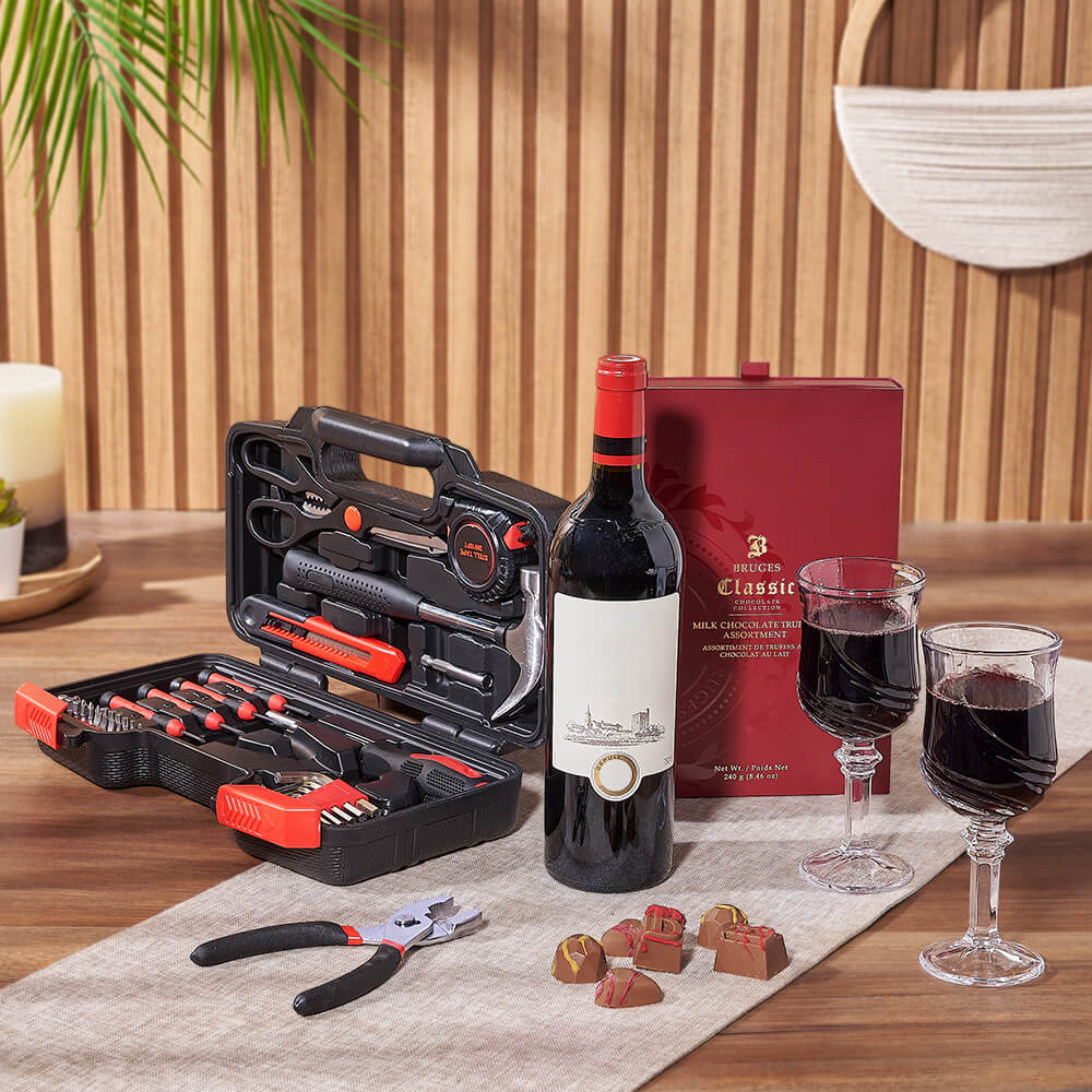 Bruges Milk Truffles & Wine Basket with Complete Tool Set – how the gift is presented