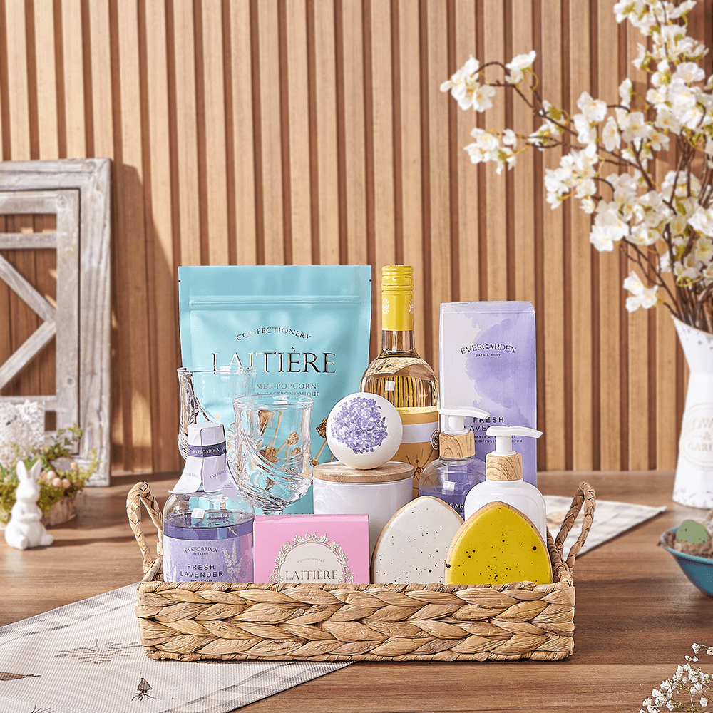 Easter Wine Basket with Pink Chocolates – how the gift is presented