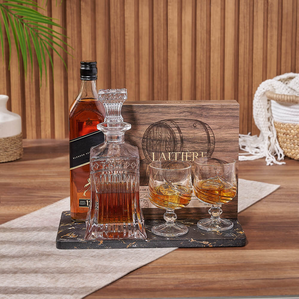 Elegant Liquor Gift Basket with Decanter, Marble Serving Board, and Truffles – how the gift is presented