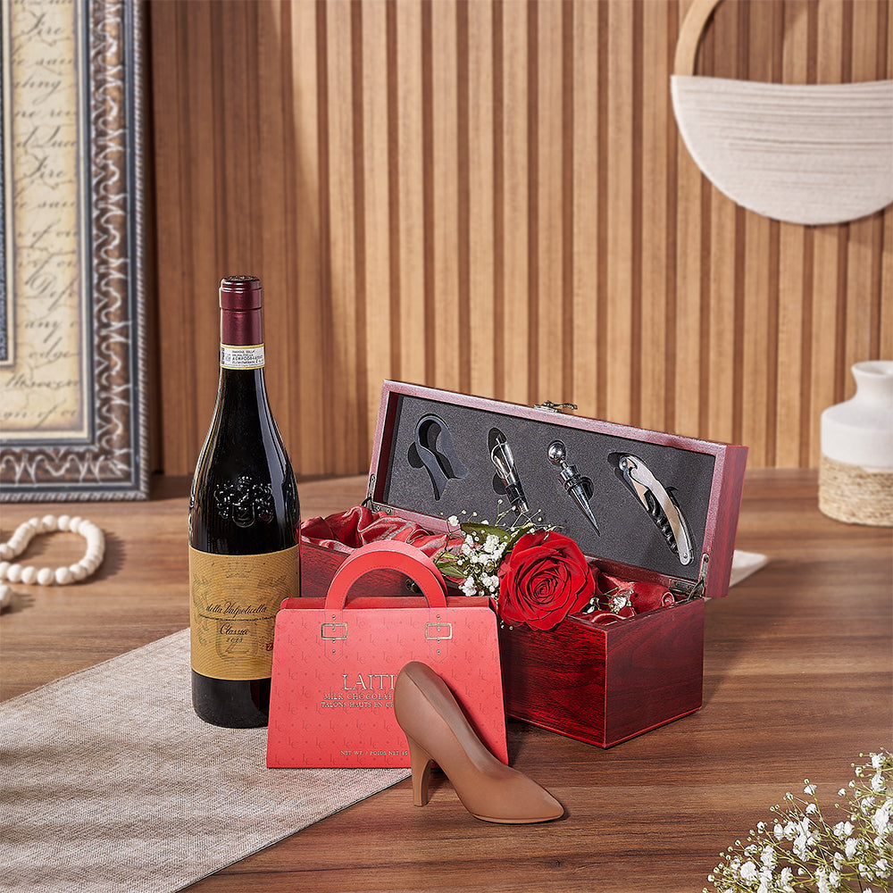 Red Rose with Wine and Milk Chocolate Heels in Wooden Gift Box – how the gift is presented