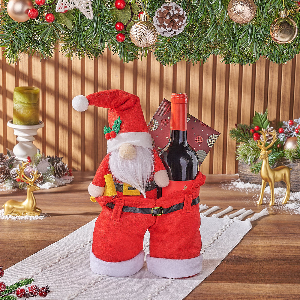 Holiday Red Wine and Hollyberry Dark Chocolate Gift Basket in Santa Pants Bag – how the gift is presented